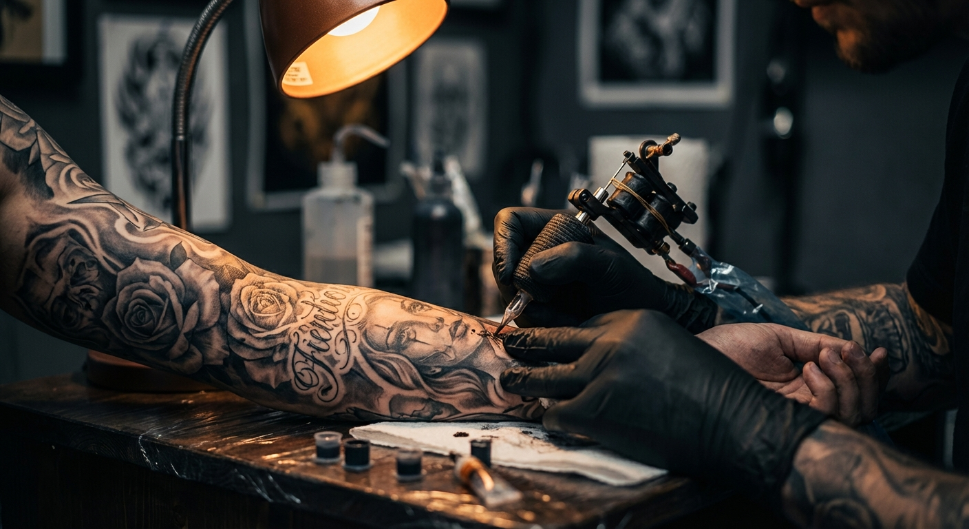 Tattoo artist at work on intricate Chicano sleeve
