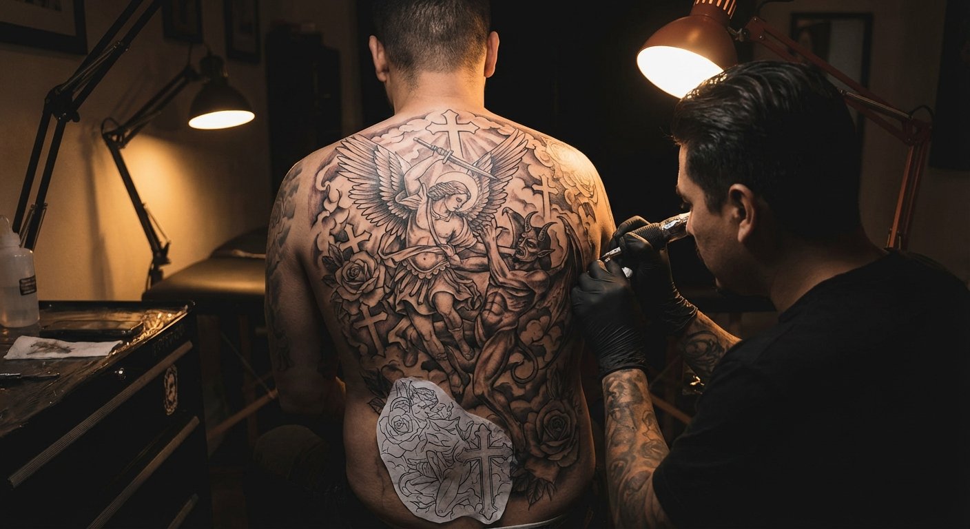Full back piece angel and demon Chicano realism