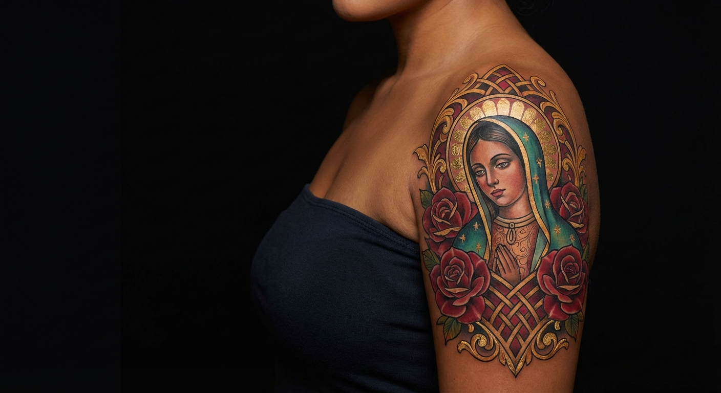 Virgen de Guadalupe neo-traditional tattoo with roses