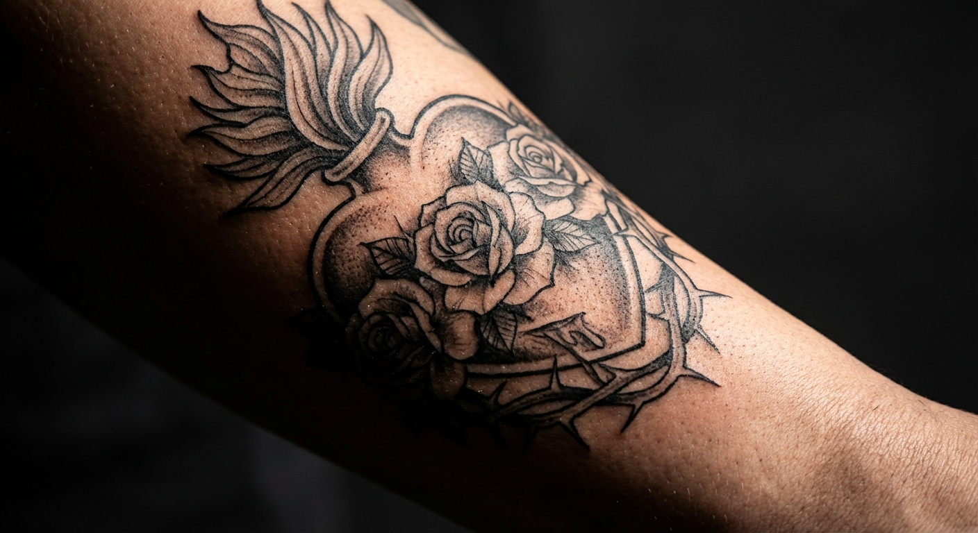 Chicano style sacred heart tattoo detail